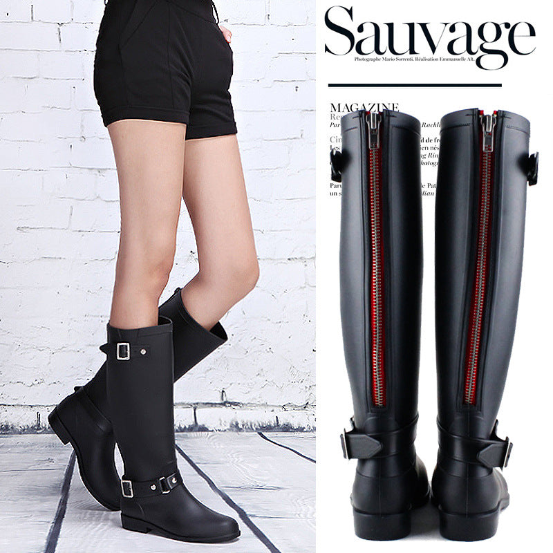 Women waterproof high rain boots non-slip long water shoes zipper