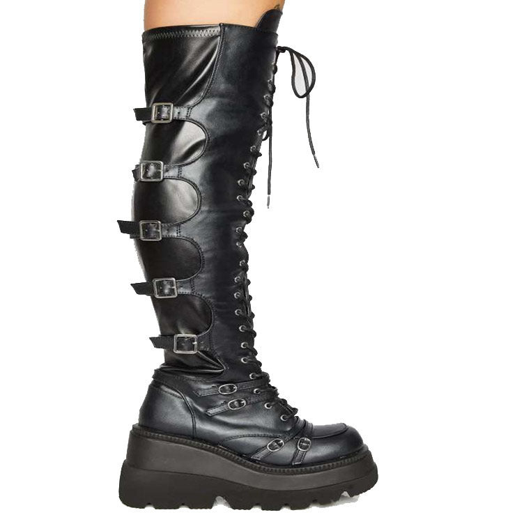 Casual high boots | wedge lace-up belt buckle over-the-knee boots