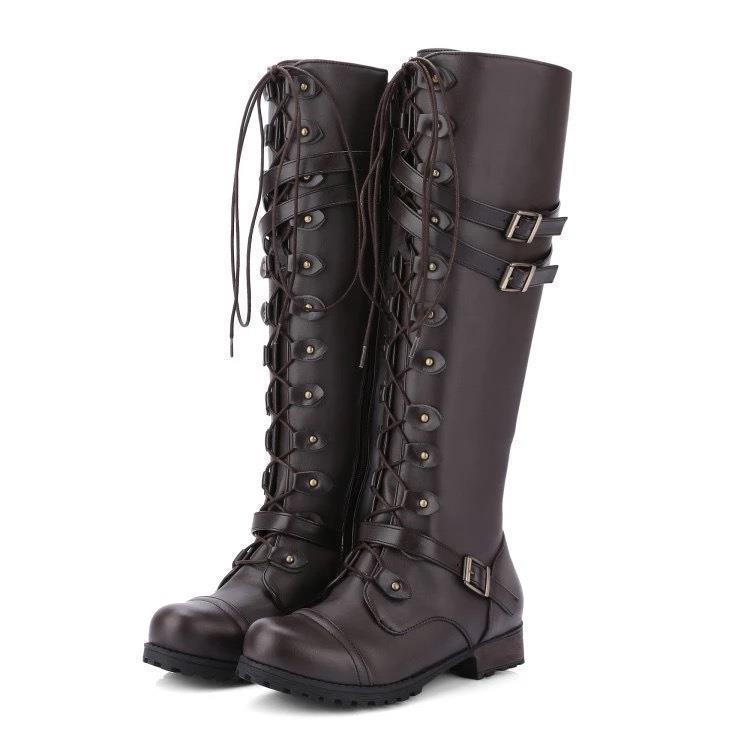 Leather Boots Round Head Belt Buckle Flat Boots | Rivet Lace-up High Knights Boots