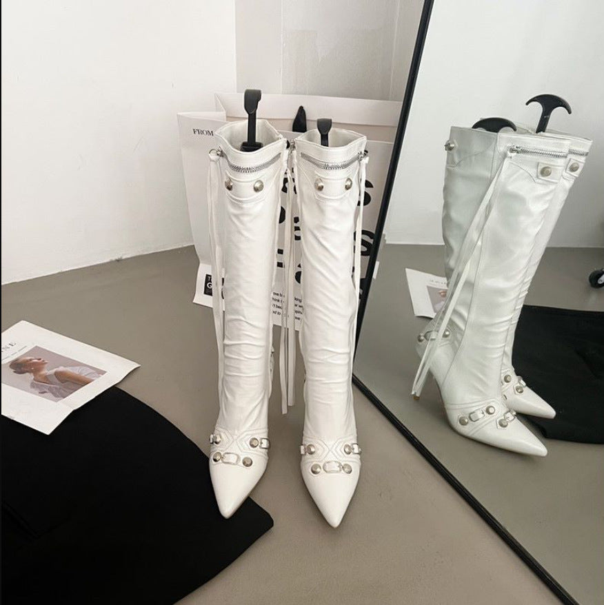 New Pointed Thin Heel Metal Rivet Motorcycle Catwalk Women's Boots Belt Buckle Tassel plus size Knight