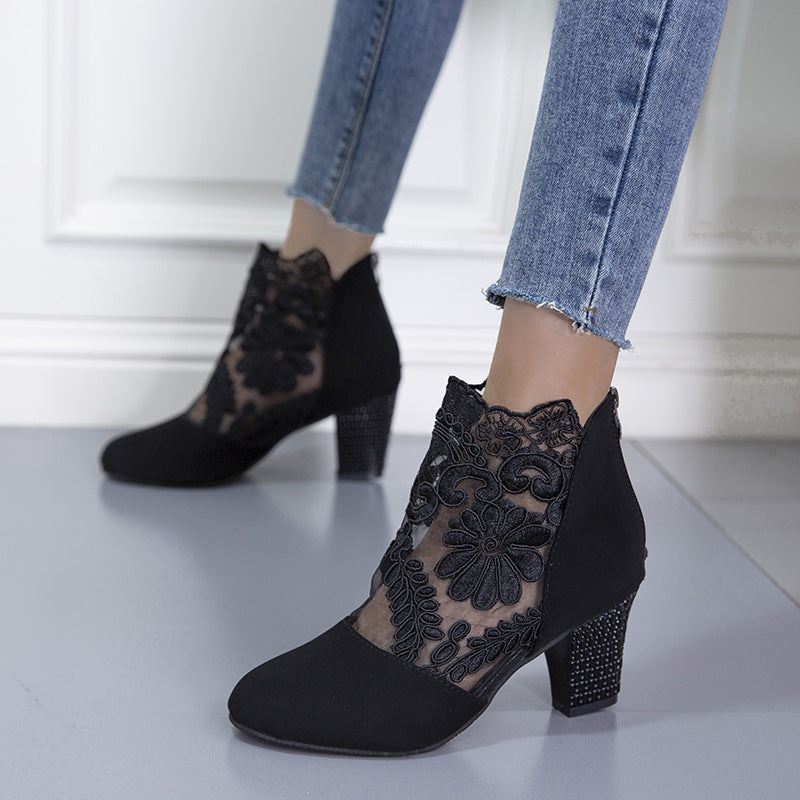 Lace Mesh Super High Heel Color Matching Sandals for Women Round Toe Thick Heel Short Boots