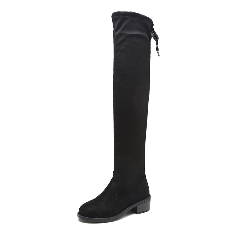 Knee Boots | Elastic Slim Boots Round Toe Pure Color |Thick Heel Sleeve Boots