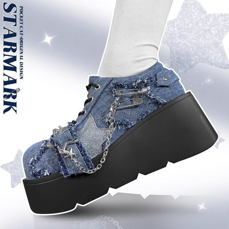 Y2K Gothic Denim JK Shoes Spring and Autumn Round Toe Women's Platform Shoes