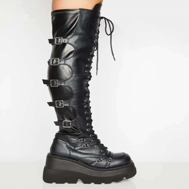 Casual high boots | wedge lace-up belt buckle over-the-knee boots