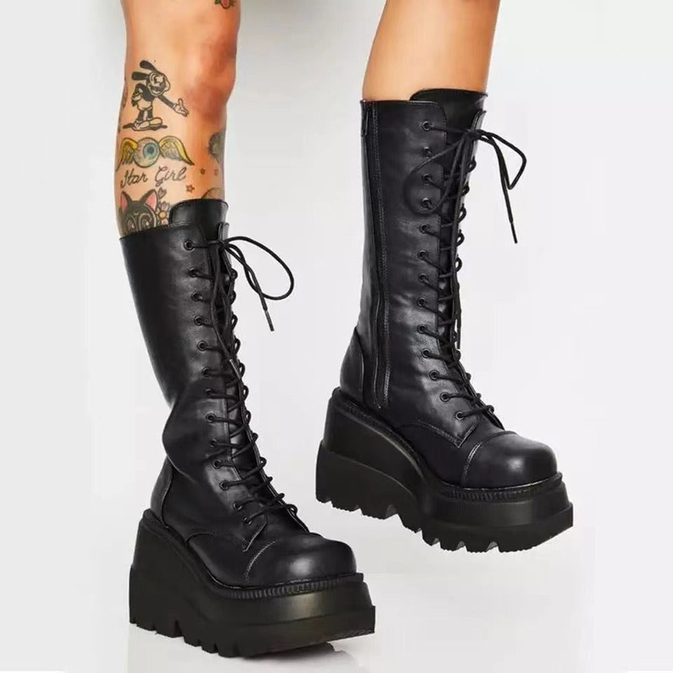 Wedge Mid-Calf Boots with a Gothic Style, Thick-Soled Motorcycle Rider Boots Over-The-Knee, Wide-Toe, Slimming High Boots