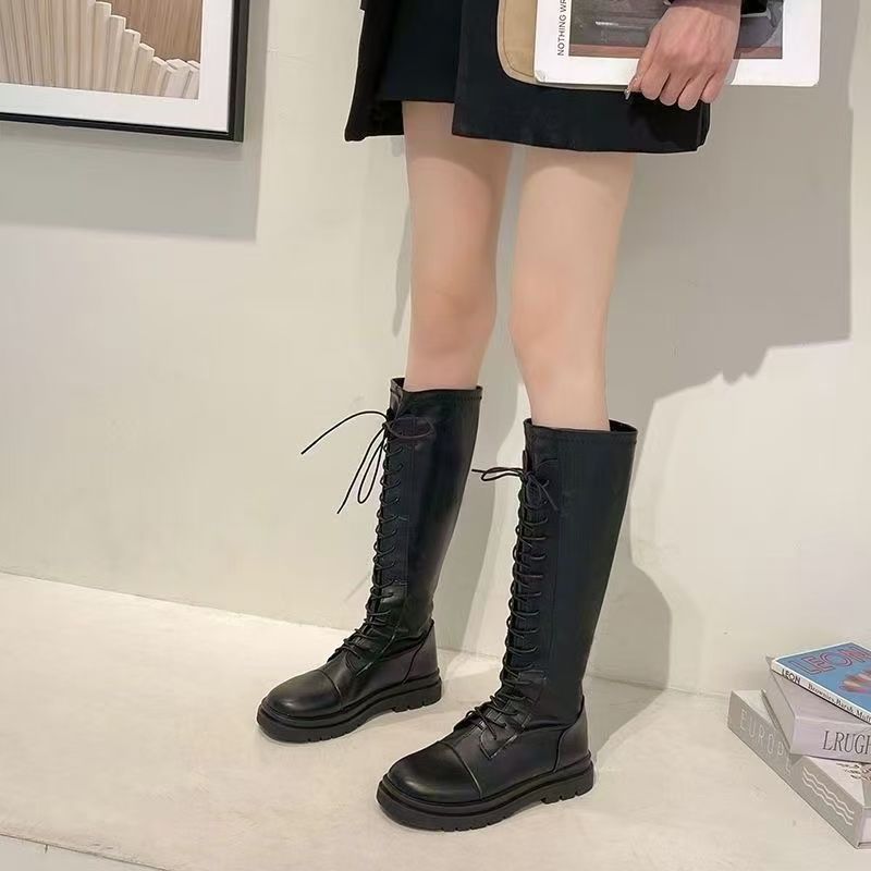 New Versatile Elastic Slim Boots Lace-Up High Boots Flats Bottom No-Knee Boots