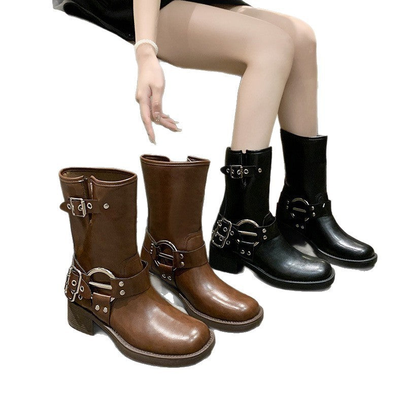Spring & Fall Retro Western Cowboy Boots, Belt Buckle Boots