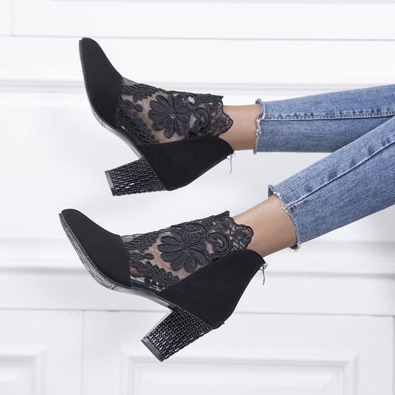 Lace Mesh Super High Heel Color Matching Sandals for Women Round Toe Thick Heel Short Boots