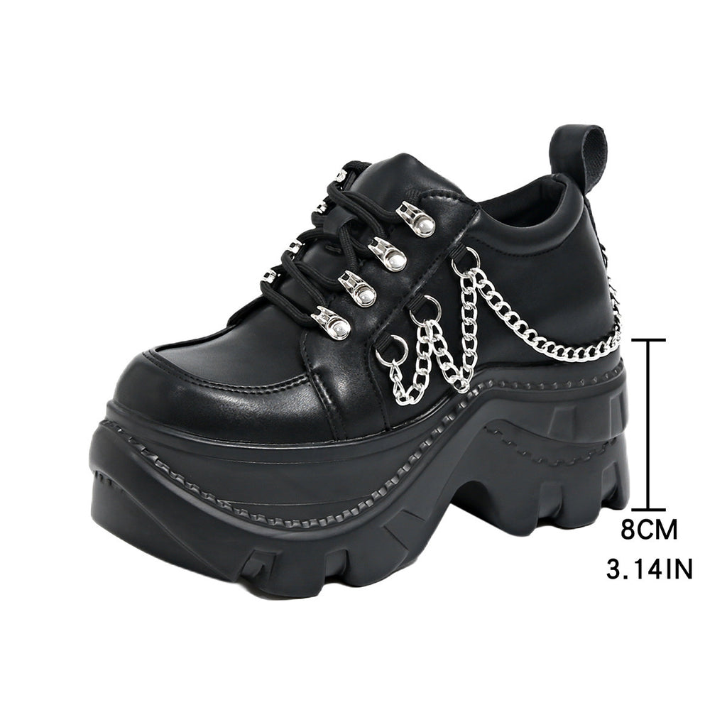 Dark Punk Round Toe Heightening Versatile Lace-Up Thick-Soled Platform Shoes