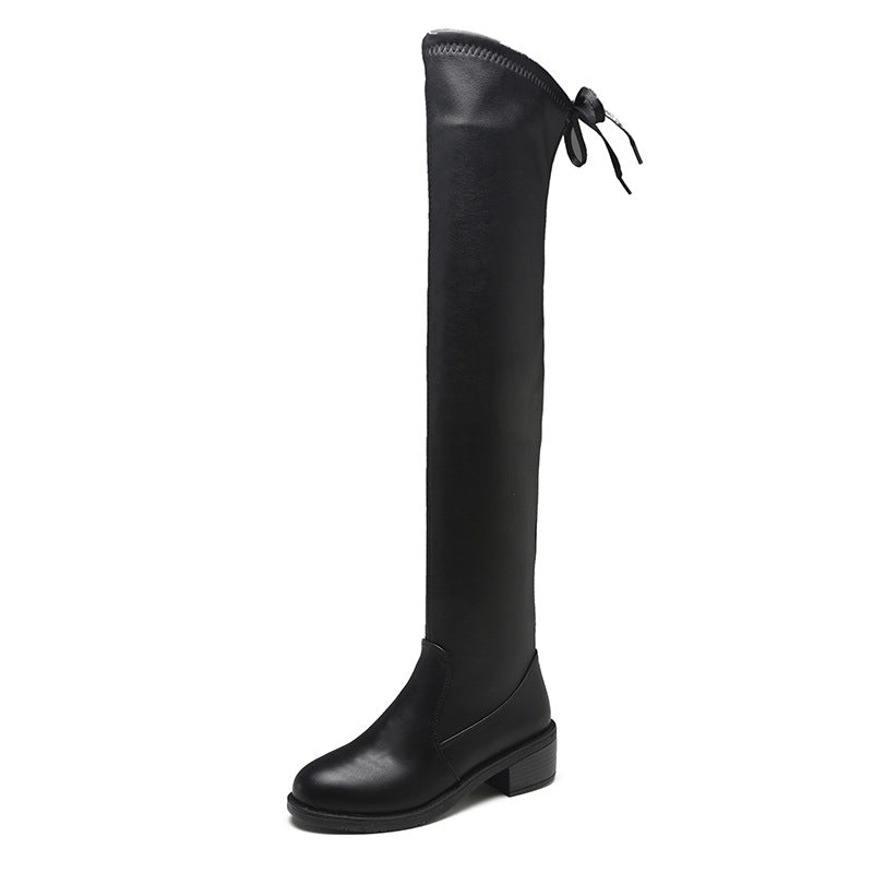 Knee Boots | Elastic Slim Boots Round Toe Pure Color |Thick Heel Sleeve Boots