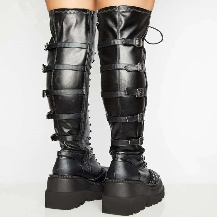 Casual high boots | wedge lace-up belt buckle over-the-knee boots