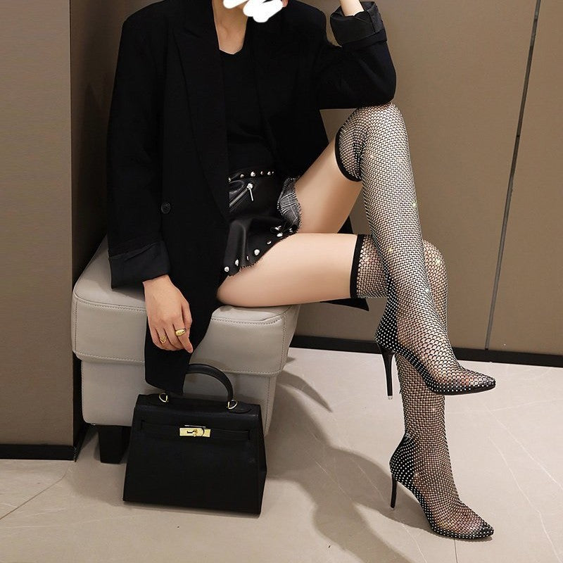 Cut-Out Over-The-Knee Boots, Internet Celebrity Style,  Fishnet Boots | High Heels