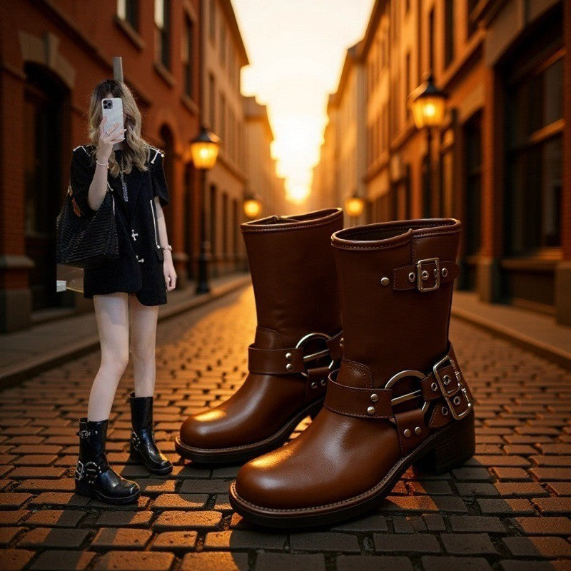 Spring & Fall Retro Western Cowboy Boots, Belt Buckle Boots