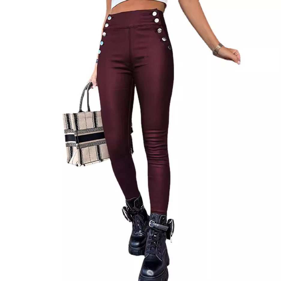 Autumn and winter cross-border high waist PU leather slim hip long pants