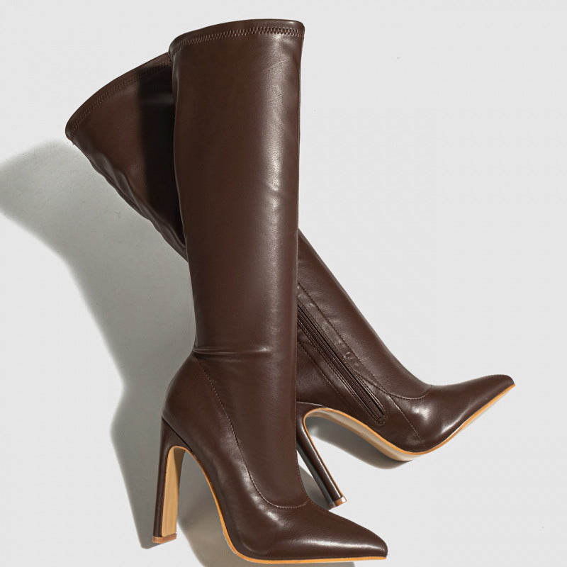Elegant Pointed Toe High-Heeled Boots, Stiletto Heels, Slim and Versatile Knight Boots