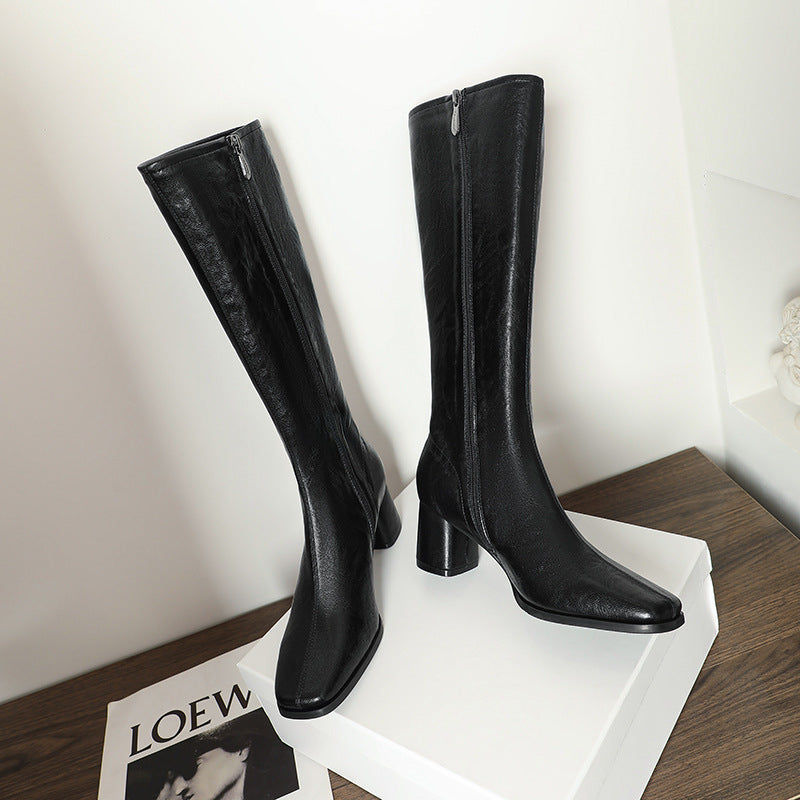 Retro but Knee-over Boots | Soft Leather | Side Zipper Square Head Medium Thick Heel Long Boots