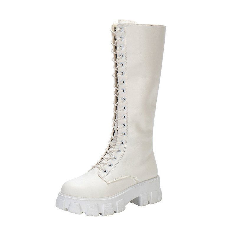 New British Style Platform Thick-Soled Versatile Niche Long Boots - Lace-Up Slim Boots