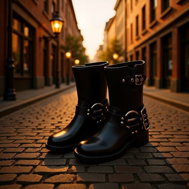 Spring & Fall Retro Western Cowboy Boots, Belt Buckle Boots