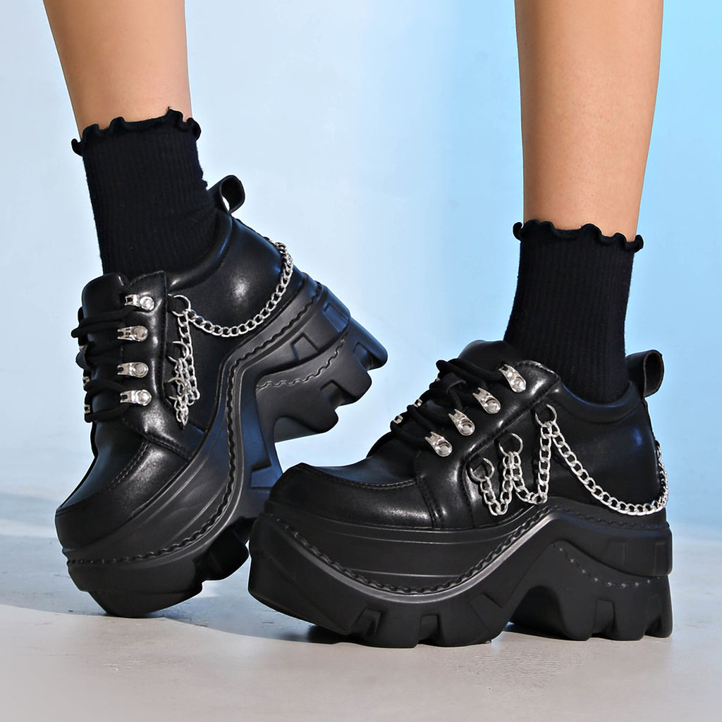 Dark Punk Round Toe Heightening Versatile Lace-Up Thick-Soled Platform Shoes