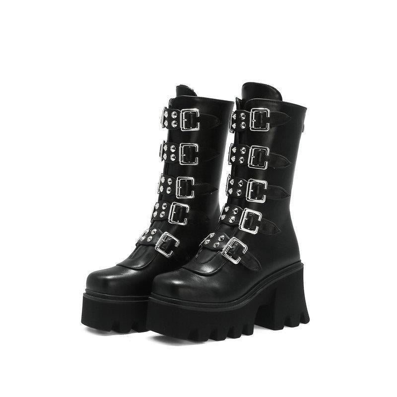 High-heeled Motorcycle Boots | Thick-soled Short Boots | Punk Style Mid-heeled Boots