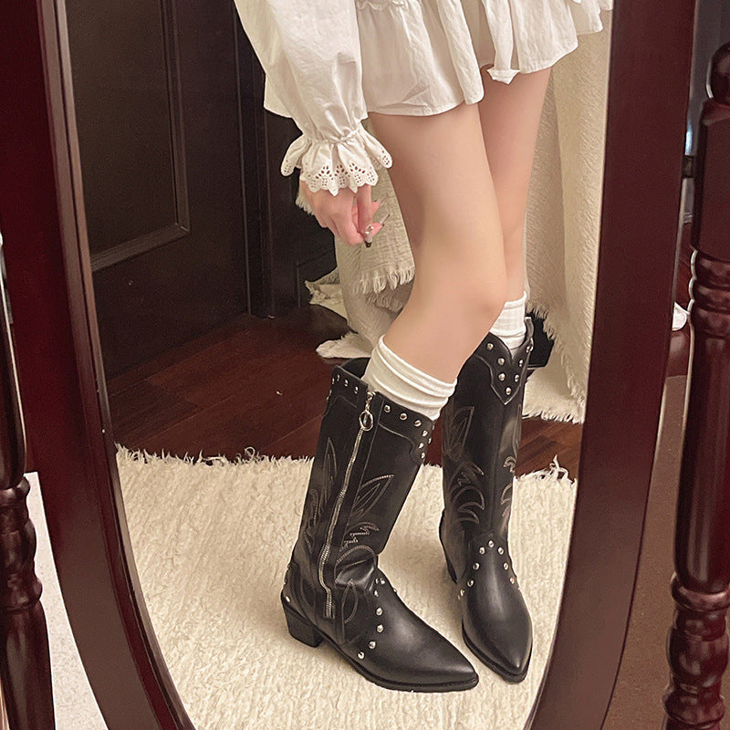 Retro Pointed Toe Thick Heel Western Cowboy Boots | Side Zipper Rivet Embroider V-Mouth