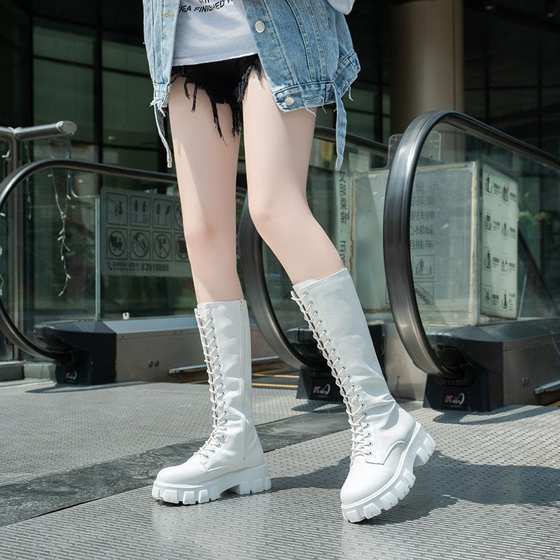 New British Style Platform Thick-Soled Versatile Niche Long Boots - Lace-Up Slim Boots