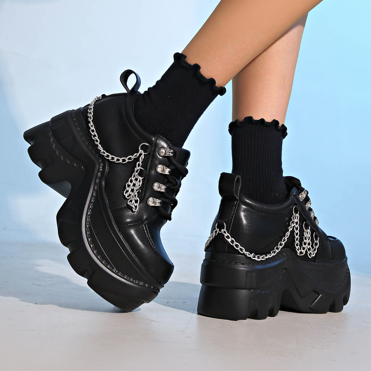 Dark Punk Round Toe Heightening Versatile Lace-Up Thick-Soled Platform Shoes