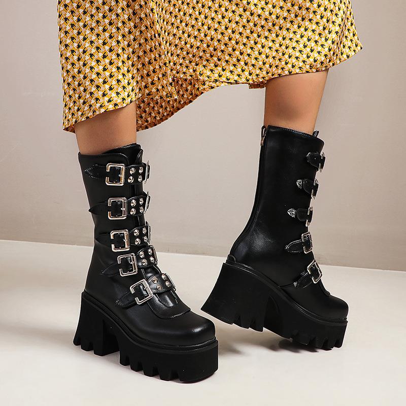 High-heeled Motorcycle Boots | Thick-soled Short Boots | Punk Style Mid-heeled Boots