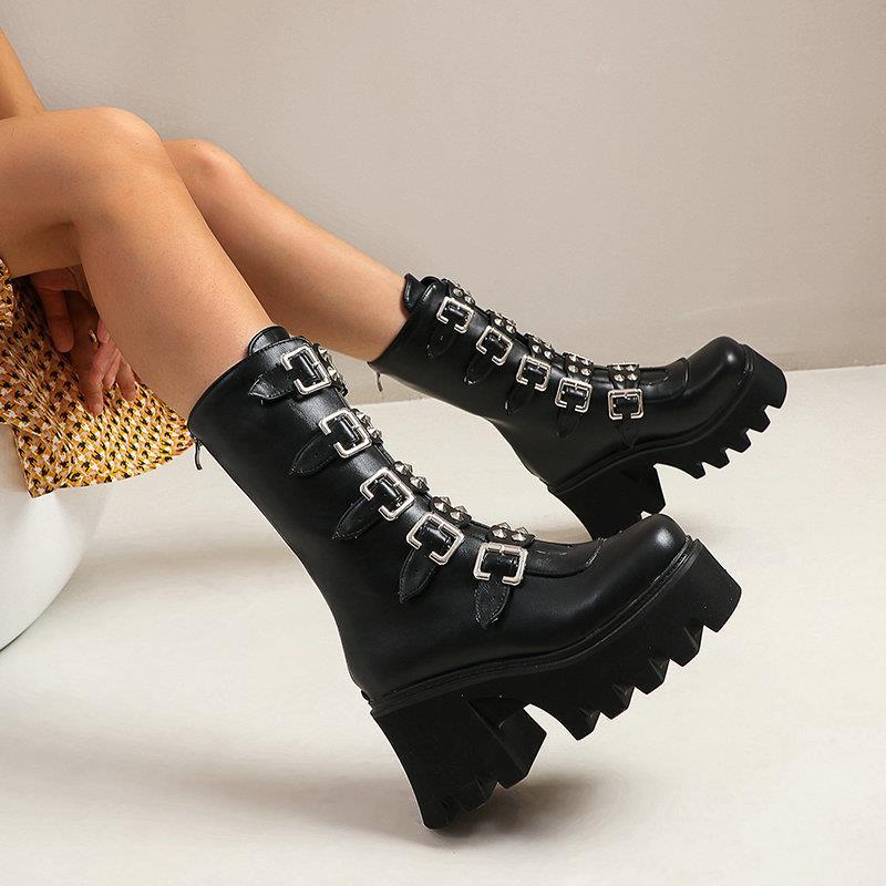 High-heeled Motorcycle Boots | Thick-soled Short Boots | Punk Style Mid-heeled Boots