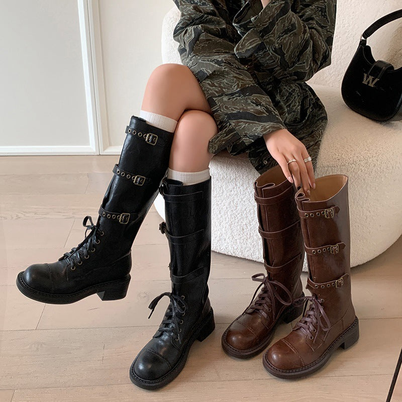 Women's Boots Thick Heel Mid Heel Knight Boots Vintage Rivet Belt Buckle Boots