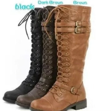 Leather Boots Round Head Belt Buckle Flat Boots | Rivet Lace-up High Knights Boots