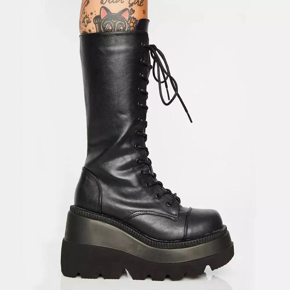 Wedge Mid-Calf Boots with a Gothic Style, Thick-Soled Motorcycle Rider Boots Over-The-Knee, Wide-Toe, Slimming High Boots