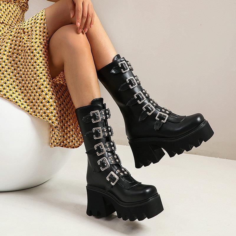 High-heeled Motorcycle Boots | Thick-soled Short Boots | Punk Style Mid-heeled Boots