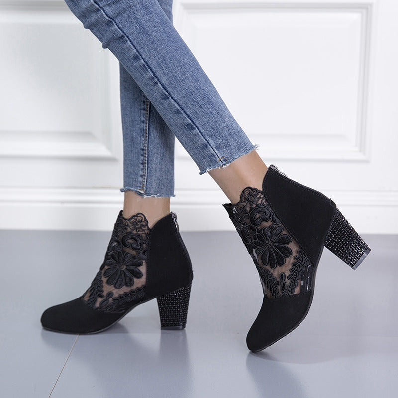 Lace Mesh Super High Heel Color Matching Sandals for Women Round Toe Thick Heel Short Boots