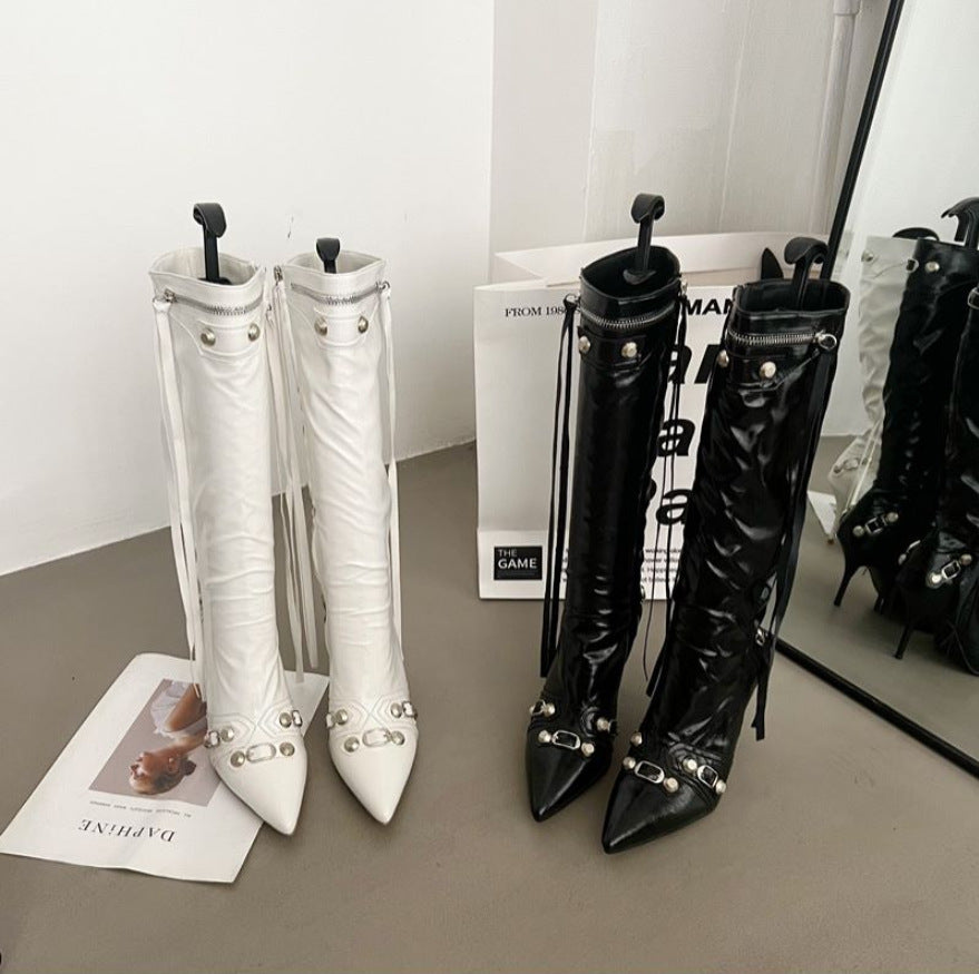 New Pointed Thin Heel Metal Rivet Motorcycle Catwalk Women's Boots Belt Buckle Tassel plus size Knight