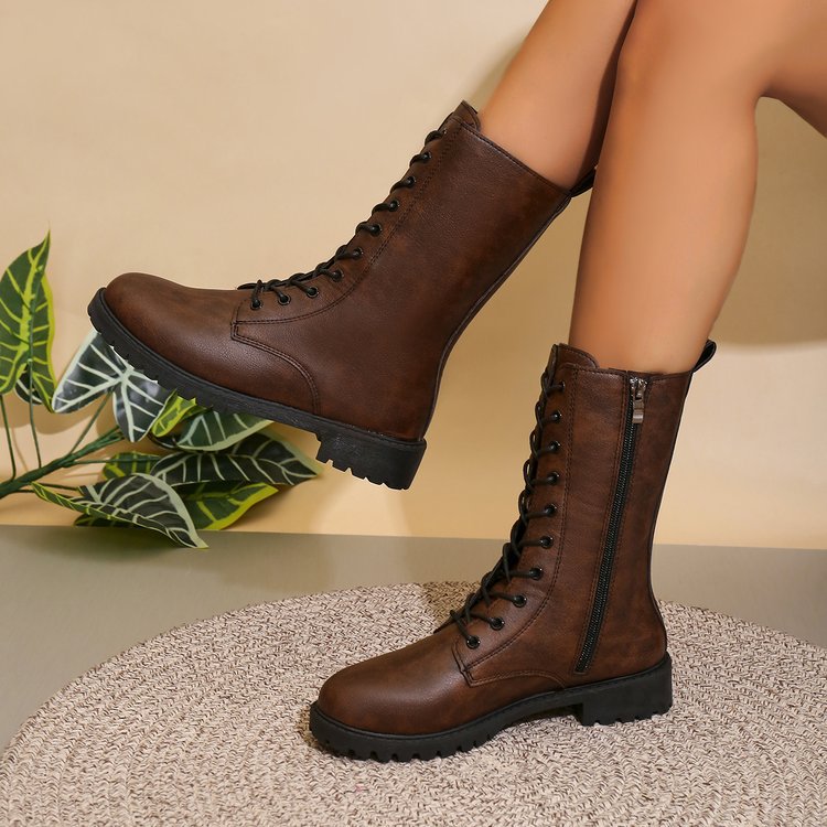 Medium Heel Thick Heel Retro Large Size Cross-Border Mid-Calf Boots for Women | Round Toe Side Zipper Boots