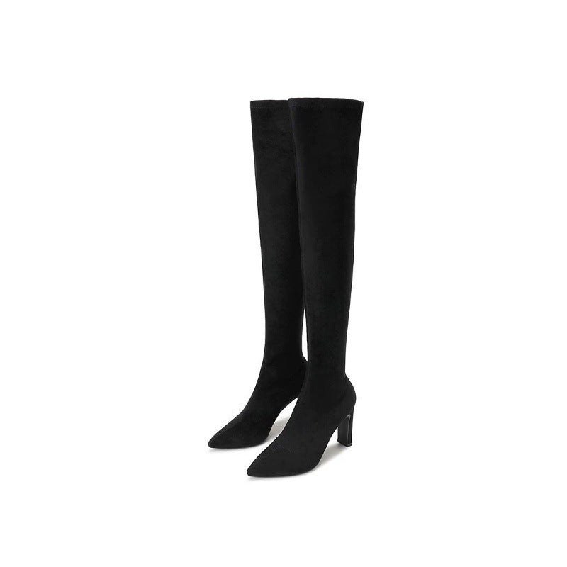 Slim Black Over-The-Knee Boots | Elastic Slim Boots High Boots Long Pointed Toe High Heels