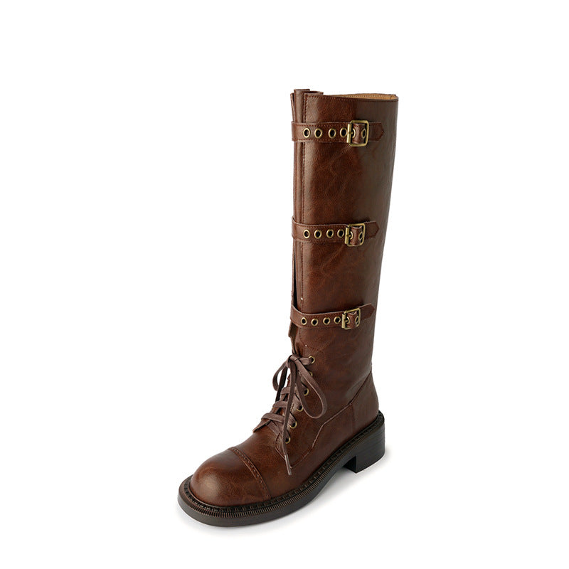 Women's Boots Thick Heel Mid Heel Knight Boots Vintage Rivet Belt Buckle Boots