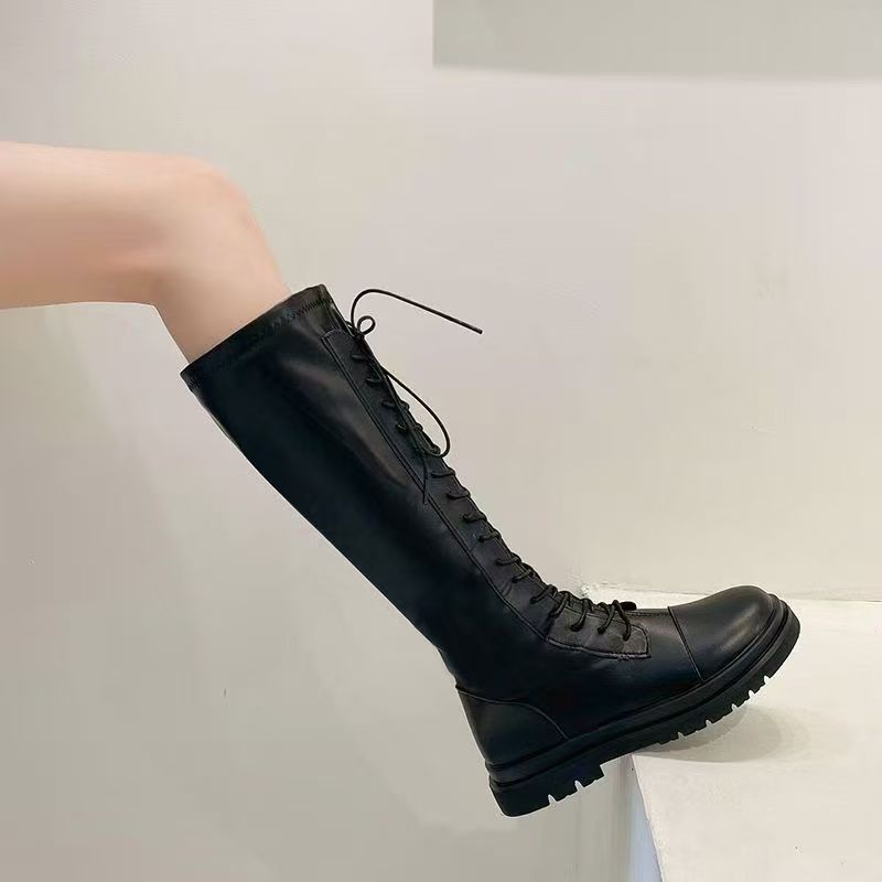 New Versatile Elastic Slim Boots Lace-Up High Boots Flats Bottom No-Knee Boots