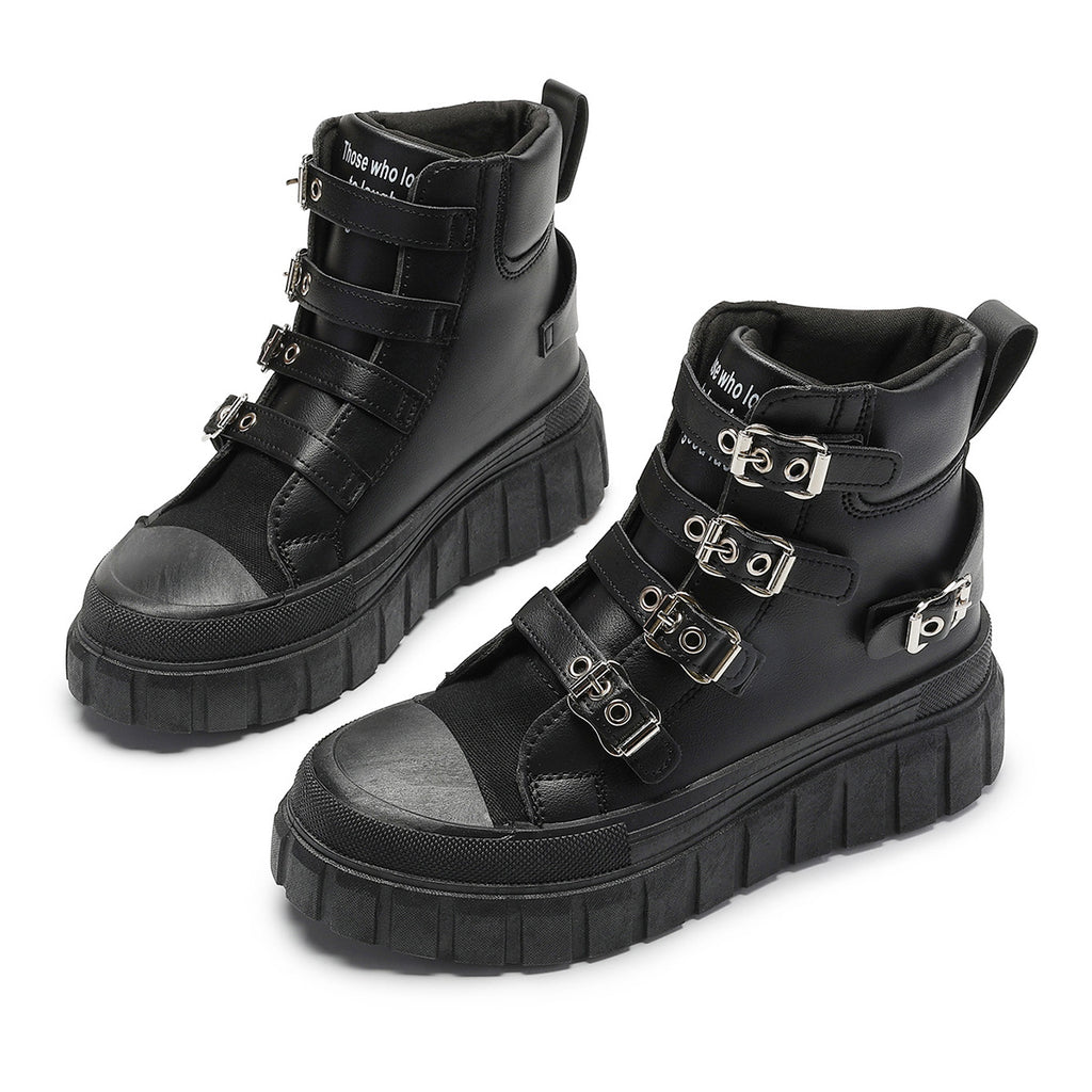 Thick-Soled Heightening Large Size Short Boots for Women, Simple and Versatile Metal Buckle Boots