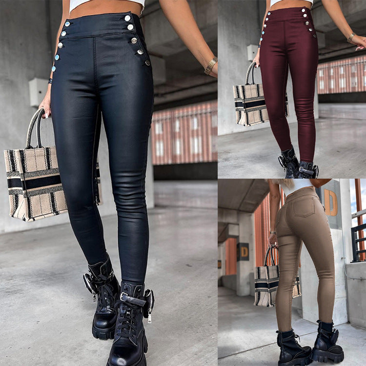 Autumn and winter cross-border high waist PU leather slim hip long pants
