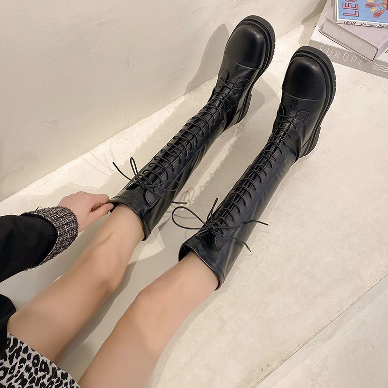 New Versatile Elastic Slim Boots Lace-Up High Boots Flats Bottom No-Knee Boots