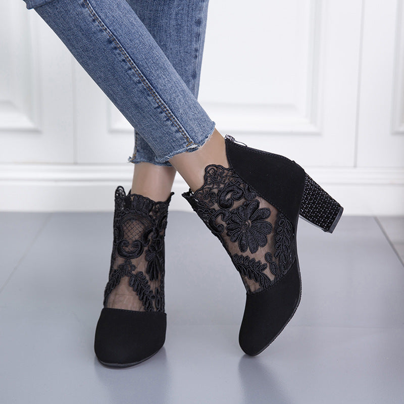 Lace Mesh Super High Heel Color Matching Sandals for Women Round Toe Thick Heel Short Boots