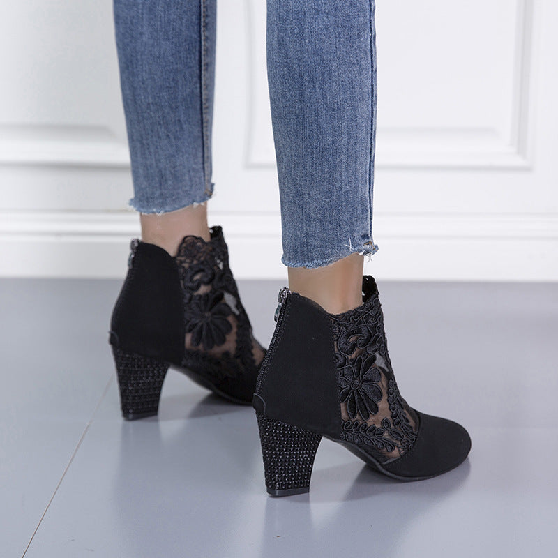 Lace Mesh Super High Heel Color Matching Sandals for Women Round Toe Thick Heel Short Boots