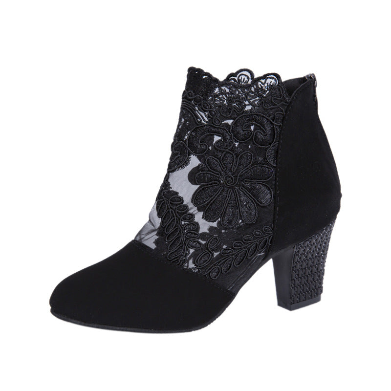 Lace Mesh Super High Heel Color Matching Sandals for Women Round Toe Thick Heel Short Boots