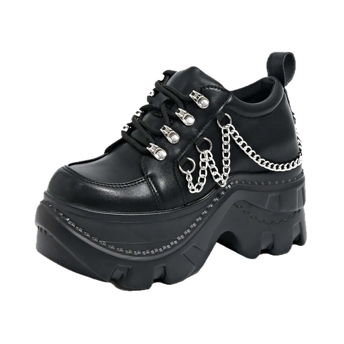 Dark Punk Round Toe Heightening Versatile Lace-Up Thick-Soled Platform Shoes
