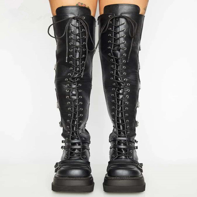 Casual high boots | wedge lace-up belt buckle over-the-knee boots