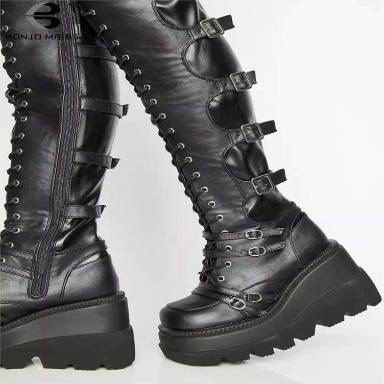 Casual high boots | wedge lace-up belt buckle over-the-knee boots