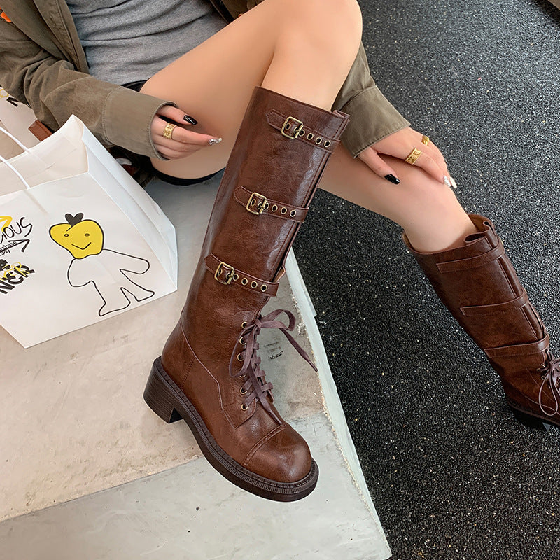 Women's Boots Thick Heel Mid Heel Knight Boots Vintage Rivet Belt Buckle Boots