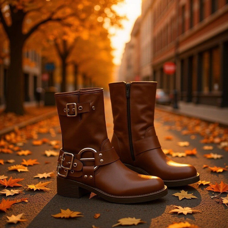 Spring & Fall Retro Western Cowboy Boots, Belt Buckle Boots